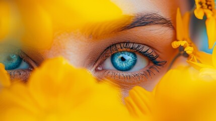 Wall Mural -  A tight shot of a woman's blue eye, surrounded by yellow flowers in the foreground, with a single yellow bloom in the background