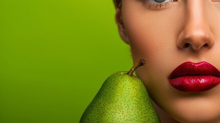 Wall Mural -  A woman with a green backdrop, holding a pear in front of her face, sports a red lip