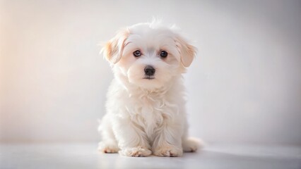 Serene minimalist portrait of fluffy white puppy sitting alone on pure white background, soft focus, warm natural light, gentle shadows, tender expression, flecks of pink nose.