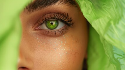 Wall Mural -  A tight shot of a woman's green eye, adorned with white dots Her head is covered by a green scarf