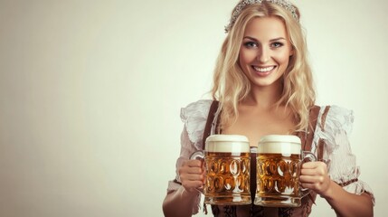 A young girl holding two mugs of beer