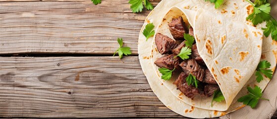 Wall Mural -  A tortilla filled with meat, topped with cilantro and parsley on a wooden table