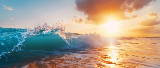  The sun sets over the ocean, a wave in the foreground, a cloud in the sky behind