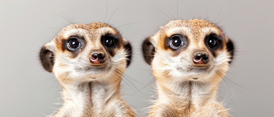  Two meerkats standing side by side in front of a blank, white backdrop, gazing directly at the camera