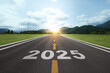 © Deemerwha studio - 2025 Goal plan action, Business target and growth strategy. New year resolution and challenge. 2025 on the road in the middle of asphalt road with at sunset forward and planning to the goal.