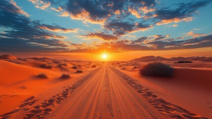 Poster - road covered with sand in the desert at sunset. Top view.