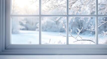 Wall Mural - Serene Winter Landscape Through Frosted Window with Snow-Covered Trees and Soft Morning Light