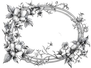 Wall Mural - Oval Floral and Vine Frame with Classic Line Art on White Background