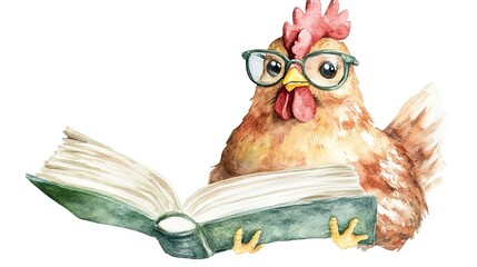 Canvas Print - Adorable, clever watercolor Hen reading a book, character illustration isolated on a white background 