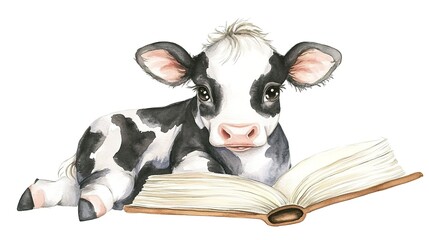 Poster - Adorable, clever watercolor Cow reading a book, character illustration isolated on a white background 