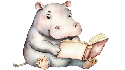 Sticker - Adorable, clever watercolor Hippo reading a book, character illustration isolated on a white background