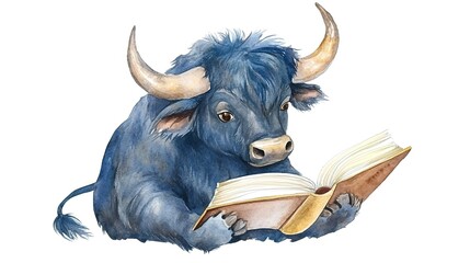 Poster - Adorable, clever watercolor buffalo reading a book, character illustration isolated on a white background 