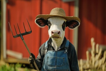 Wall Mural - Farmer Cow: A cow in overalls and a straw hat, holding a pitchfork in front of a barn.