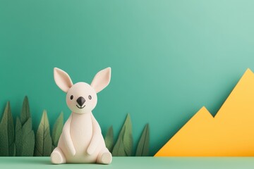 A charming toy rabbit sits against a colorful background of green and yellow, perfect for playful and whimsical designs.