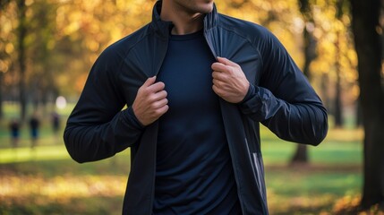 A man adjusts his stylish black jacket in a vibrant autumn park. The scene captures a blend of fashion and nature. Perfect for fitness or outdoor style inspiration. AI