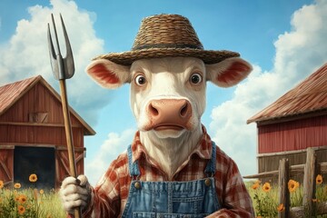 Wall Mural - Farmer Cow: A cow in overalls and a straw hat, holding a pitchfork in front of a barn.