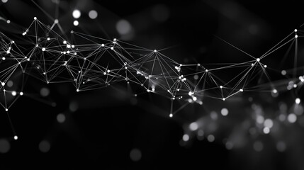 Abstract network of white dots and lines on a black background with a blurred bokeh effect.