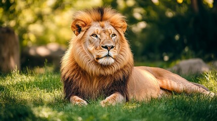 Wall Mural - Male lion resting in the grass on a sunny day