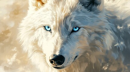 Sticker - Majestic white wolf portrait with piercing blue eyes, beautiful wildlife animal digital painting