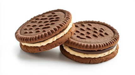 Two chocolate sandwich cookies with a creamy filling, isolated on a white background.