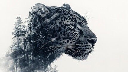 Wall Mural - Leopard black, double exposure photo of wildlife