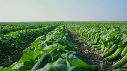 Wall Mural - Rows of vibrant green cucumber plants fill the landscape, showcasing their healthy crops. The expansive field flourishes under the sun, representing agricultural vitality