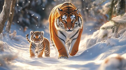 Wall Mural - mother tiger and her baby walking in the snow