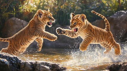 Wall Mural - lioness tiger cubs playing, wild animals, nature, beautiful pictures, landscape pictures, background