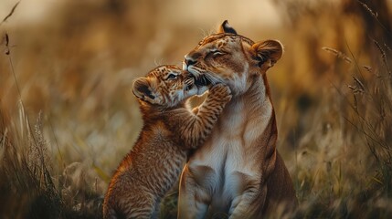 Wall Mural - lioness tiger cubs playing, wild animals, nature, beautiful pictures, landscape pictures, background