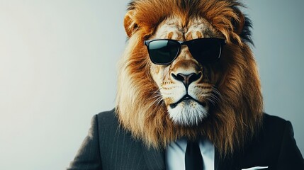 Sticker - Confident and Stylish Lion Portrait in Sunglasses and Business Suit with Copy Text white Background Regal Powerful and Sophisticated Wild Animal Concept 