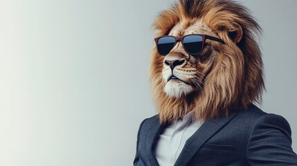 Wall Mural - confident and stylish lion portrait in sunglasses and business suit with copy text white background 