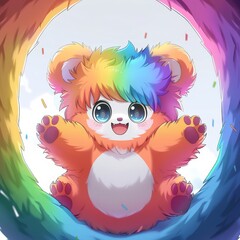 A Joyful Rainbow Bear Surrounded by a Colorful Ring