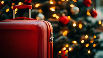 travel suitcase with a Christmas tree in the background 