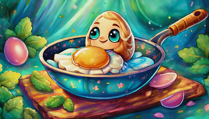 oil painting style cartoon character One Chicken Egg in a Small Pan