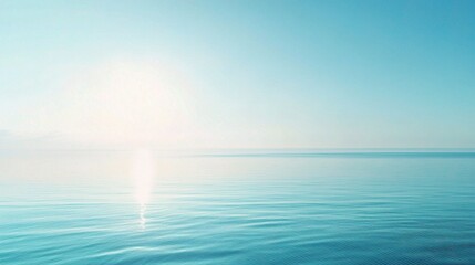 Poster - Serene Seascape: Tranquil blue waters shimmer under the soft glow of a rising sun, creating a serene and calming panorama. A minimalist abstract background 