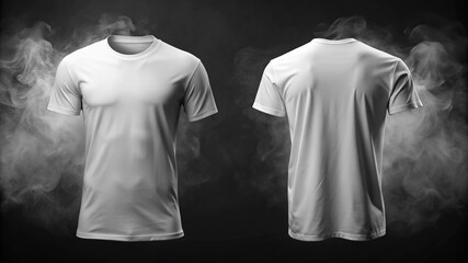 mock up front and back view of plain white t-shirt product, black background with light smoke