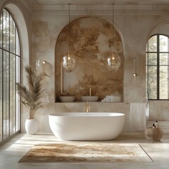 Modern cozy bathroom in contemporary style, natural soft hues, white oval bathtub, stone sink, beautiful pendant light fixtures, soft huge rug, floor lamps, stunning chandeliers, g