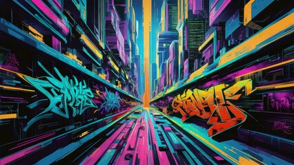 Wall Mural - A vibrant and energetic Graffiti style depicting a futuristic cityscape with neon colors