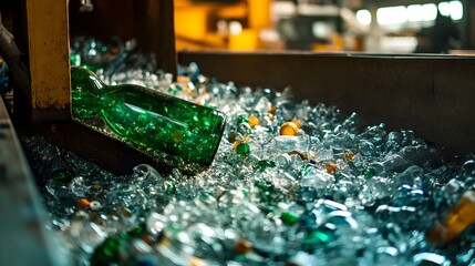 Wall Mural - A photograph showcasing the process of glass bottles being fed into a crusher