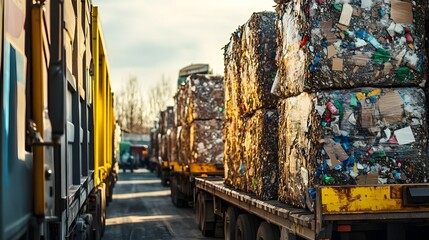 Wall Mural - Bales of Recycled Cardboard Plastics and Other Materials Loaded onto Trucks for Eco Friendly Transport and Processing at Recycling Facility