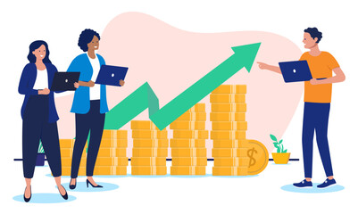 Fototapete - Business money - Group or team of people looking at graph with green growth arrow pointing upwards. Financial success and business achievement concept in flat design vector illustration