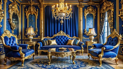 rich cobalt blues ornate gold accents opulent luxury regal majesty solemn grandeur lavish richness stately