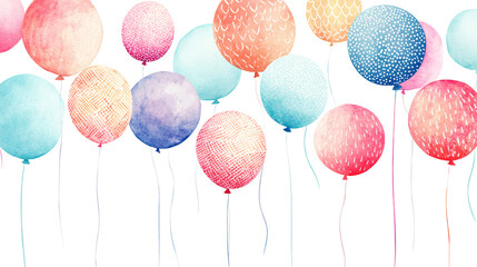 A watercolor collection of festive birthday balloons with intricate patterns and soft color gradients, Isolated on transparent background