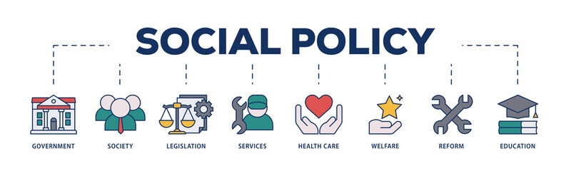 Social policy icons process structure web banner illustration of education, reform, services, welfare, health care ,legislation, society, government icon png transparent background.