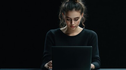 Woman in black top working on laptop in dim lighting