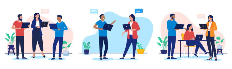 Fototapete - Work dialogue and communication collection - Vector illustrations of businesspeople with laptop computers talking together and doing work while smiling. Flat design characters on white background
