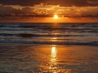 Wall Mural - Seaside shores evening view with sun on a beautiful orange sunset, oceanic view under clear sky full of different shaped clouds