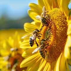 Wall Mural - Honey Bees Pollinating Sunflower in Natural Sunlight Detailed Wings and Pollen Agriculture and Honey Production Concept