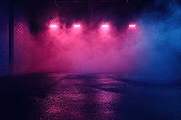 Wall Mural - Dark empty room with concrete floor, neon lights and smoke. Abstract background