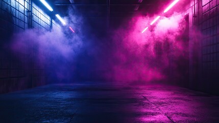 Wall Mural - Dark empty room with concrete floor, neon lights and smoke. Abstract background